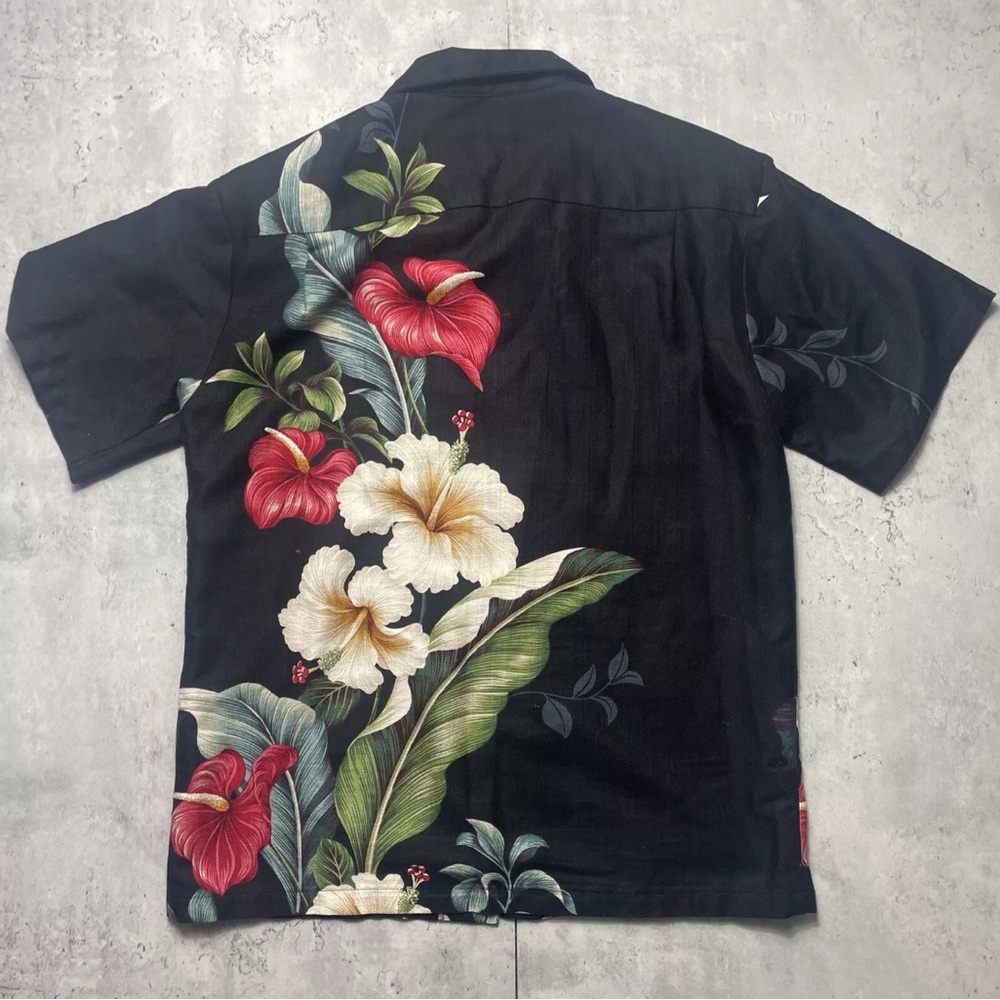 Vtg 60s Iolani Hawaiian Shirt Single Stitch Shoulder Pad Mens Small Black Floral - Picture 3 of 7